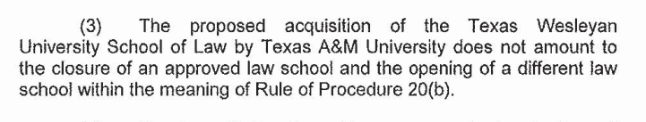 Snipped from the August 12, 2013 letter from the ABA to TAMU and TWU, approving the sale of TWU School of Law to A&M.